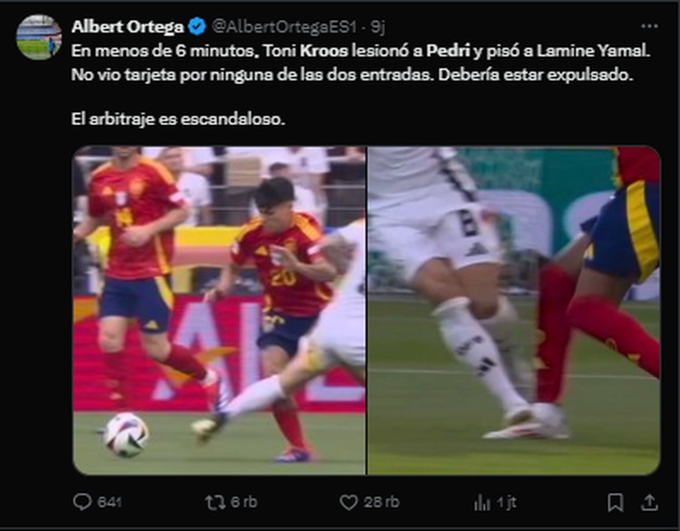 Spanyol Vs Jerman di perempatfinal Euro 2024 selesai. Tim Matador menang 2-1. Netizen puji penampilan Lamine Yamal, tapi satu sisi geram dengan Toni Kroos.