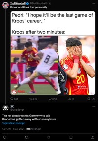 Spanyol Vs Jerman di perempatfinal Euro 2024 selesai. Tim Matador menang 2-1. Netizen puji penampilan Lamine Yamal, tapi satu sisi geram dengan Toni Kroos.