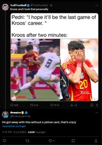 Spanyol Vs Jerman di perempatfinal Euro 2024 selesai. Tim Matador menang 2-1. Netizen puji penampilan Lamine Yamal, tapi satu sisi geram dengan Toni Kroos.