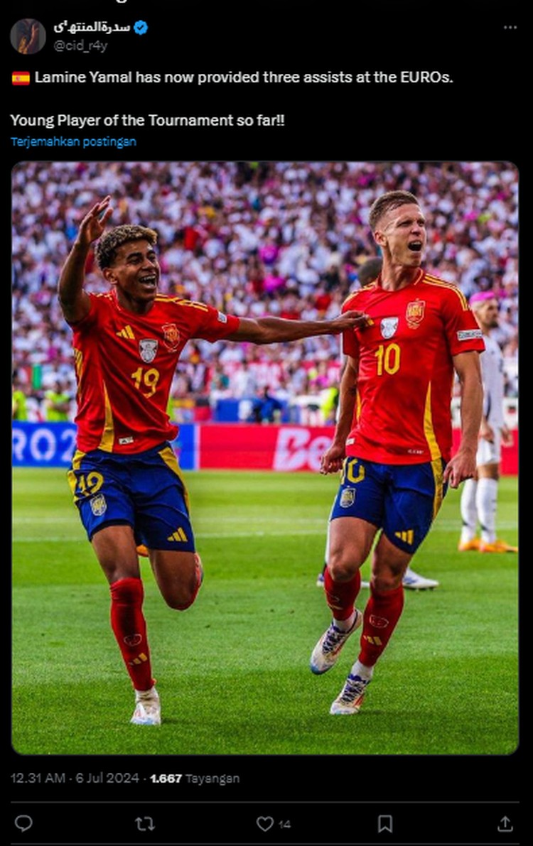 Spanyol Vs Jerman: Netizen Puji Lamine Yamal, Bingung Kroos Tak Dikartu Spanyol Vs Jerman di perempatfinal Euro 2024 selesai. Tim Matador menang 2-1. Netizen puji penampilan Lamine Yamal, tapi satu sisi geram dengan Toni Kroos.