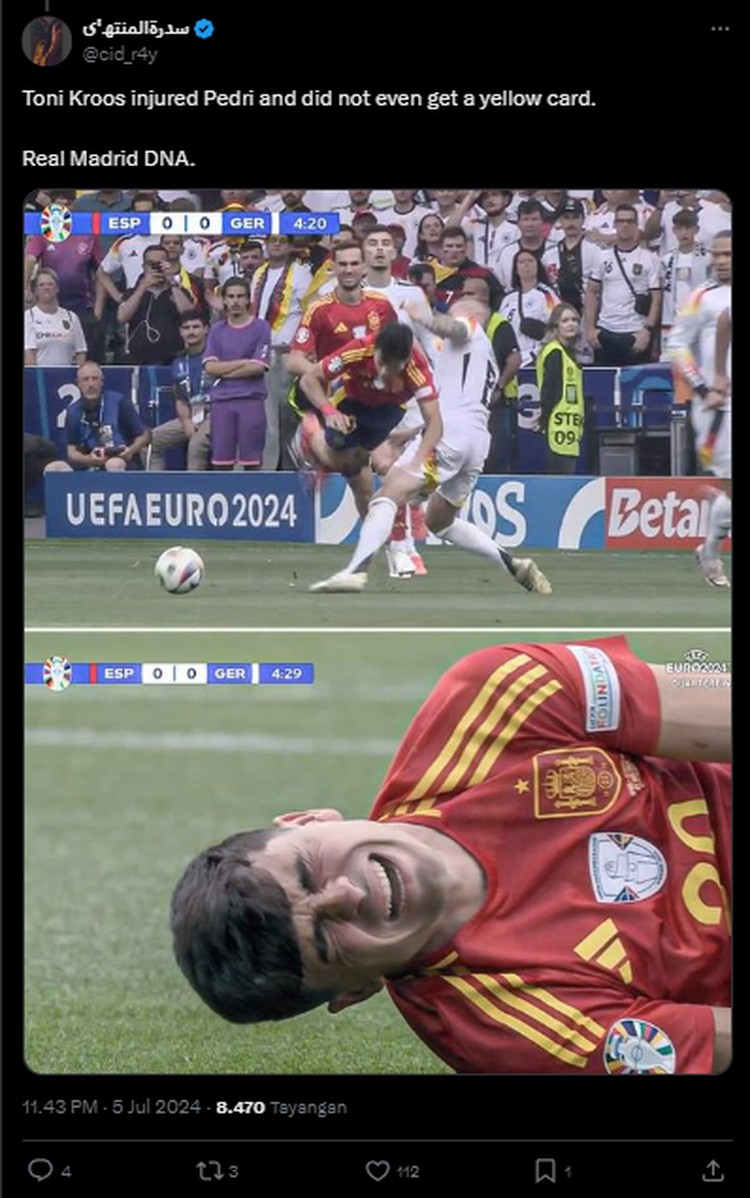 Spanyol Vs Jerman di perempatfinal Euro 2024 selesai. Tim Matador menang 2-1. Netizen puji penampilan Lamine Yamal, tapi satu sisi geram dengan Toni Kroos.