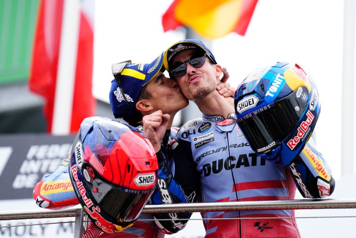 Marc Marquez (93) of Spain and Gresini Racing Moto GP Ducati and Alex Marquez (73) of Spain and Gresini Racing Moto GP Ducati during the race day of the Liqui Moly Motorrad Grand Prix Deutschland at Sachsenring Circuit on July 7, 2024 in Hohenstein-Ernstthal, Germany. (Photo by Jose Breton/Pics Action/NurPhoto via Getty Images)