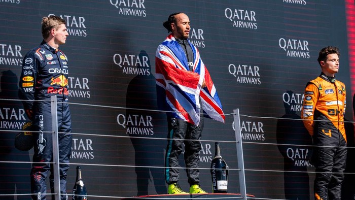 Lewis Hamilton of the UK is driving the (44) Mercedes-AMG Petronas F1 Team F1 W15 E Performance Mercedes on the podium, during the Formula 1 Qatar Airways British Grand Prix 2024 in Silverstone, Great Britain, on July 7, 2024. (Photo by Alessio Morgese/NurPhoto via Getty Images)