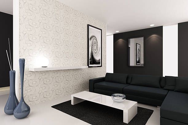 Ruang tamu kesan mewah dengan retro modern minimalism interior cat warna hitam dan putih.