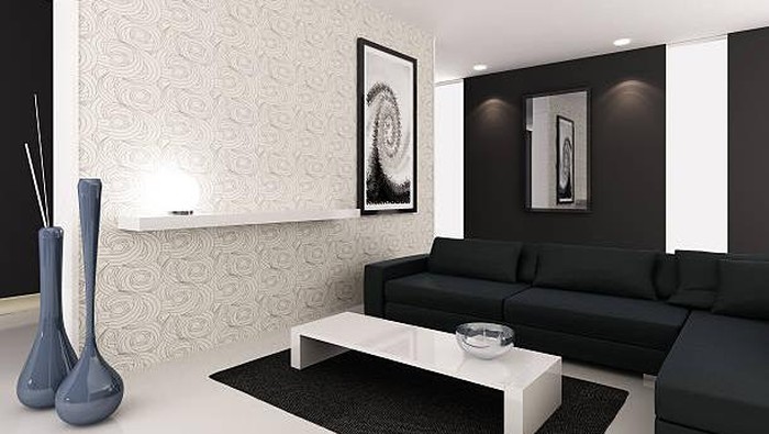 Ruang tamu kesan mewah dengan retro modern minimalism interior cat warna hitam dan putih.
