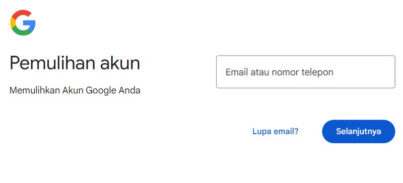 Halaman pemulihan akun Gmail.