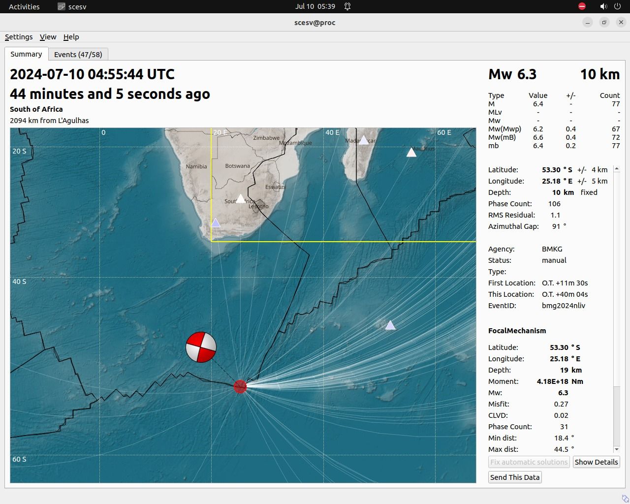 Shake map gempa Afrika Selatan berkekuatan M6,3 pada hari Rabu tanggal 10 Juli 2024. (Dok. BMKG)