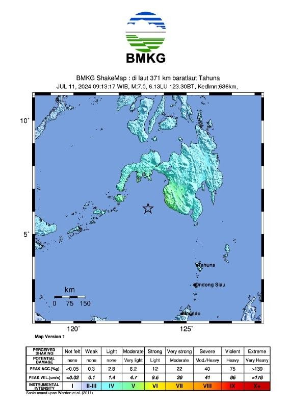 Gempa bumi mengguncang barat laut Tahuna dengan magnitudo 7,0 Skala Richter. (Dok. BMKG)