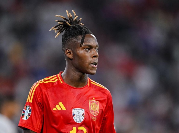 MUNICH, GERMANY - JULY 9: Nico Williams of Spain looks on during the UEFA EURO 2024 semi-final match between Spain and France at Munich Football Arena on July 9, 2024 in Munich, Germany. (Photo by Harry Langer/DeFodi Images/DeFodi via Getty Images)