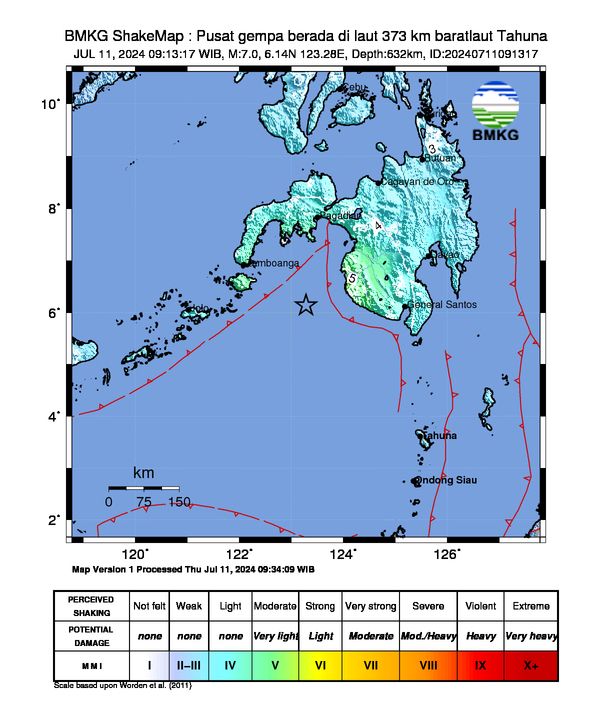 Peta Guncangan Gempa Bumi di Tahuna, Sangihe, Sulawesi Utara, pada Kamis, 11 Juli 2024