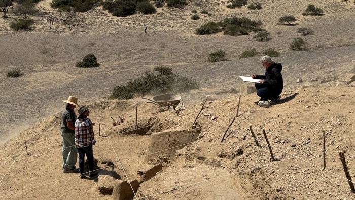 A team of archeologists work on what appear to be parts of a 4,000-year-old ceremonial temple buried in a sand dune of northern Peru, in Lambayeque, Peru, June 27, 2024. Peru's Pontifical Catholic University/Handout via REUTERS ATTENTION EDITORS - THIS IMAGE HAS BEEN SUPPLIED BY A THIRD PARTY NO RESALES. NO ARCHIVES
