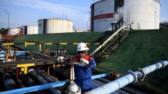 Pekerja bersiap memeriksa level tangki produksi di Pusat Pengumpul Produksi (PPP) Prabumulih, Sumatera Selatan, Rabu (10/7/2024). PPP Prabumulih yang dikelola oleh PT Pertamina EP Prabumulih Field itu merupakan PPP terbesar di Sumatera Selatan yang memiliki 12 tanki penampung produksi dengan kapasitas maksimum 165.350 barel minyak guna menjadi pusat pengumpul minyak mentah dari South Palembang Distrik (SPD) Group dari lapangan-lapangan di Pertamina EP Prabumulih Field, Pertamina EP Limau Field, PHE Field Ogan Komering dan KKKS Tiara Bumi Petroleum untuk disalurkan ke Kilang Pertamina RU3 melalui pipa penyalur sepanjang 93 KM. ANTARA FOTO/Akbar Nugroho Gumay/tom.