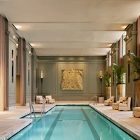 Area kolam renang yang luas dilengkapi beberapa sofa empuk. Apartemen ini juga memiliki pemandangan kota New York. Foto: Dok. Optimist Consulting