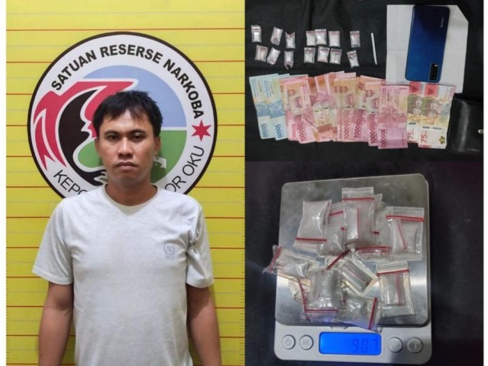 Wiwin Saputra (42) ditangkap karena diduga menjadi bandar sabu di desanya. Di rumahnya, polisi menemukan 14 paket sabu yang dibalut tisu.