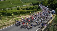 Rombongan mendaki bukit dan kebun anggur di sekitar Cuneo selama etape ketiga lomba balap sepeda Tour de France sejauh 230,8 kilometer (143,4 mil) dengan start di Piacenza dan finis di Turin, Italia. AP/Jerome Delay