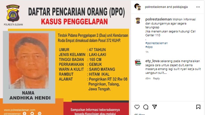DPO kasus penggelapan Andhika Hendi (47) di Sleman. Informasi ini diunggah Polresta Sleman, Jumat (12/7/2024).