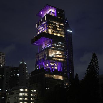 The Antilia mansion, house of billionaire Mukesh Ambani is lit up ahead of his son Anant Ambani and Radhika Merchant's wedding in Mumbai, India, Wednesday, July 10, 2024. (AP Photo/Rajanish Kakade)