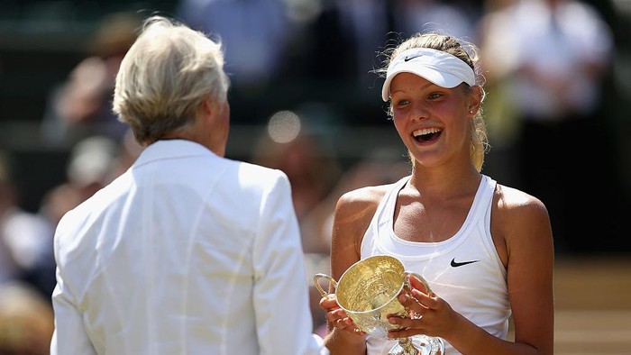 Sofya Zhuk, Wimbledon LONDON, ENGLAND - JULY 11: Sofya Zhuk of Russia celebrates winning the Final of the Girls Singles against Anna Blinkova of Russia during the day twelve of the Wimbledon Lawn Tennis Championships at the All England Lawn Tennis and Croquet Club on July 11, 2015 in London, England. (Photo by Ian Walton/Getty Images)