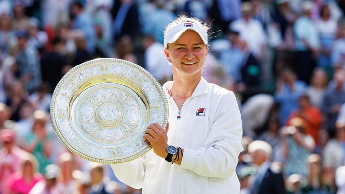 LONDON, ENGLAND - JULY 13: Barbora Krejcikova of the Czech Republic poses with the Venus Rosewater Dish after beating Jasmine Paolini of Italy in the final of the womens singles during day thirteen of The Championships Wimbledon 2024 at All England Lawn Tennis and Croquet Club on July 13, 2024 in London, England. (Photo by Frey/TPN/Getty Images)