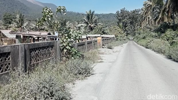 Jalan menuju Desa Klatanlo penuh dengan abu vulkanik. (Arnoldus Yurgo Purab/detikBali)
