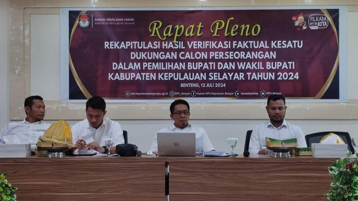 Rapat Pleno Rekapitulasi Hasil Verfak Kesatu Dukungan Calon Perseorangan Pilkada Selayar oleh KPU Selayar di Hotel Rayhan Square, Jumat (12/7/2024) malam.