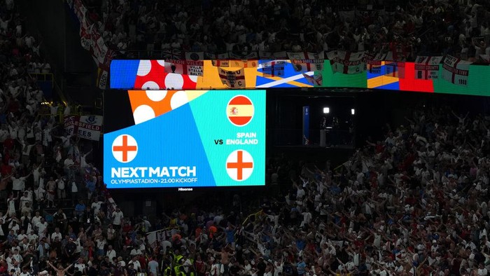 A general view of the large screen showing the confirmed UEFA Final match line-up between Spain and England after the UEFA Euro 2024, semi-final match at the BVB Stadion Dortmund in Dortmund, Germany. Picture date: Wednesday July 10, 2024. (Photo by Adam Davy/PA Images via Getty Images)