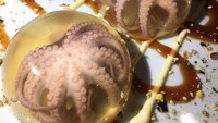 Aneh banget! Ada menu gurita utuh yang disajikan di dalam bola jelly. Penampilannya seperti tak menggugah selera untuk makan. Foto: Bored Panda