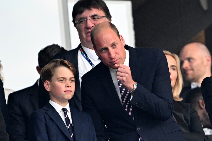 14 July 2024, Berlin: Soccer, UEFA Euro 2024, European Championship, Final, Spain - England, Olympiastadion Berlin, William (r), Prince of Wales, and his son Prince George stand in the stands before the start of the match. Photo: Federico Gambarini/dpa (Photo by Federico Gambarini/picture alliance via Getty Images)