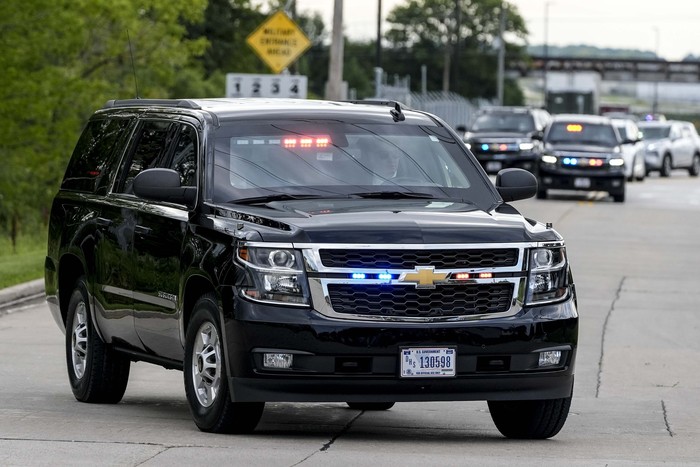 The motorcade of former President Donald Trump departs the Milwaukee Mitchell International Airport ahead of the 2024 Republican National Convention, Sunday, July 14, 2024, in Milwaukee. (AP Photo/Alex Brandon)