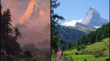 Matahari terbit di Matterhorn oleh Albert Bierstadt (1880-an) Gunung paling terkenal di Pegunungan Alpen yang dilukis oleh salah satu seniman lanskap terhebat di Amerika. Penggambaran yang cukup jujur — tetapi perhatikan, sekali lagi, bagaimana Bierstadt telah memanjangkan gunung secara halus untuk membuatnya lebih dramatis. Foto: Boredpanda