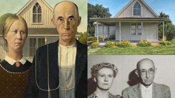 American Gothic oleh Grant Wood (1930) Rumah di latar belakang — Rumah Dibble di Eldon, Iowa — masih terlihat persis seperti Wood yang melukisnya. Tetapi Anda dapat melihat bagaimana Wood mengubah, dan hampir membuat karikatur, model: saudara perempuannya Nan Wood Graham dan dokter giginya Byron McKeeby. Foto: x.com/@culturaltutor via Boredpanda