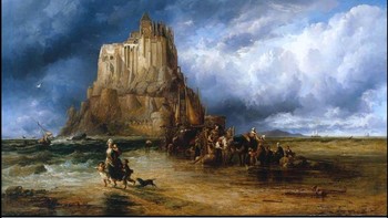 Mont-Saint-Michel oleh James Webb (1857) Perhatikan bagaimana Webb telah membuat Mont-Saint-Michel lebih vertikal, memperpanjang bangunan dan menanjakan bukit itu sendiri. Metode umum yang digunakan oleh para seniman untuk membuat tempat-tempat nyata lebih indah. Foto: x.com/@culturaltutor via Boredpanda