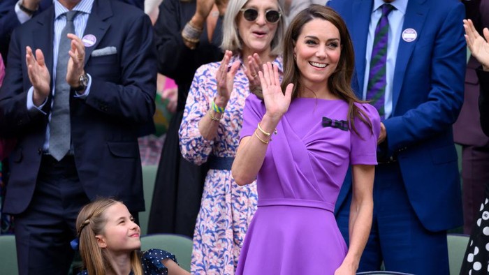 LONDON, ENGLAND - JULY 14: Princess Charlotte of Wales and Catherine, Princess of Wales court-side of Centre Court during the mens final on day fourteen of the Wimbledon Tennis Championships at the All England Lawn Tennis and Croquet Club on July 14, 2024 in London, England. (Photo by Karwai Tang/WireImage)
