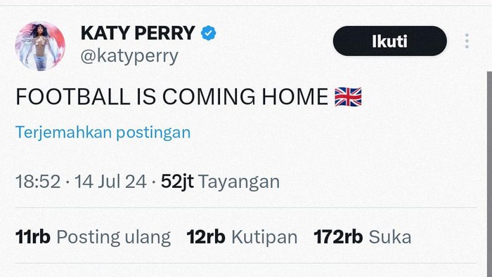 Katy Perry dukung Inggris di Euro, tetapi salah bendera.