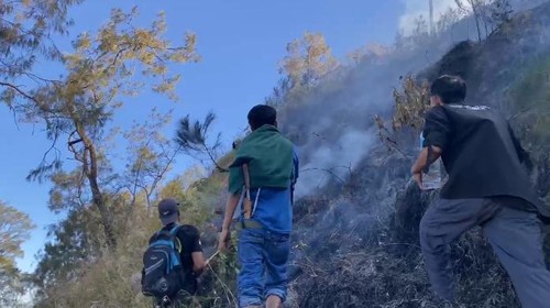 Petugas berupaya padamkan api di atas puncak Bukit Gedong, Lombok Timur. Foto: TNGR