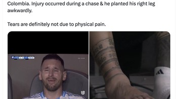 Lionel Messi cedera dalam laga ini, tapi dia menangis diduga bukan karena sakit, tapi kemungkinan karena ini adalah Copa America terakhirnya sehingga dia emosional. Foto: Twitter