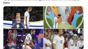 Harry Kane boleh saja mencetak jutaan gol, tapi tetap saja tim atau negara yang ia bela takkan bisa juara. Foto: Twitter
