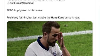 Daftar kegagalan menyesakkan Kane. Prihatin padanya tapi mungkin saja kutukan Harry Kane itu nyata, tulis akun ini. Foto: Twitter