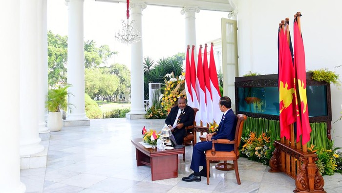 Presiden Jokowi berbincang dengan PM Papua Nugini James Marape (Vico - Biro Pers Sekretariat Presiden)