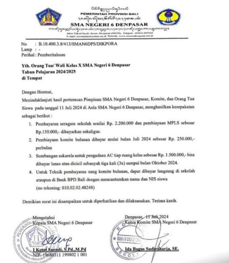 Surat pemberitahuan SMAN 6 Denpasar kepada orang tua siswa kelas 10 terkait iuran pengadaan AC sebesar Rp 1,5 juta. (Istimewa)