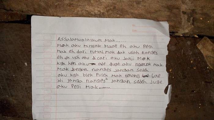 Surat yang ditulis bocah kelas 6 SD di Ogan Ilir sebelum minggat dari rumah.