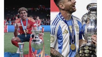 Lamine Yamal menang Euro 2024 dan idolanya Lionel Messi juga menang Copa America 2024. Foto: Twitter