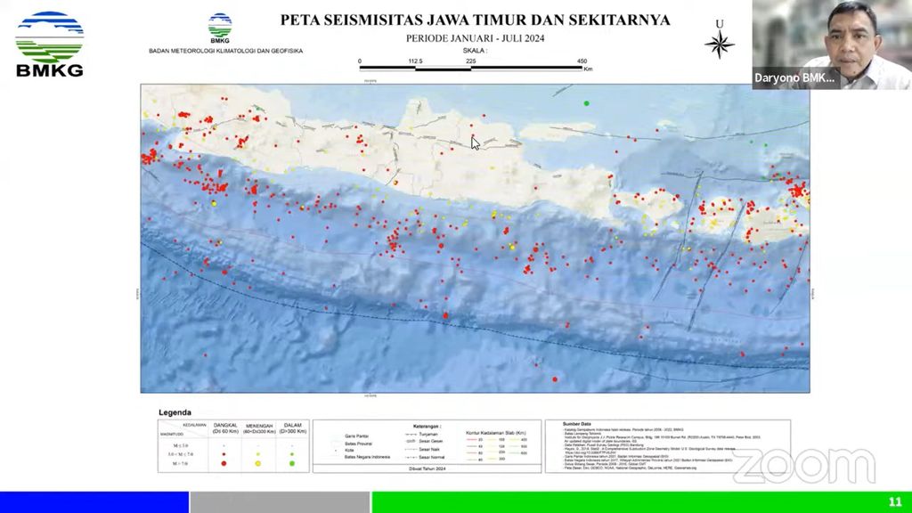 Paparan Kepala Pusat Gempa Bumi dan Tsunami Badan Meteorologi, Klimatologi, dan Geofisika (BMKG) Daryono dalam Webinar yang digelar ITS MTI, IGI Jai, MGMP Geografi Jatim, dan Tunas Hijau, Sabtu (13/7/2024). (Tangkapan Layar Youtube Teknik Geofisika ITS)