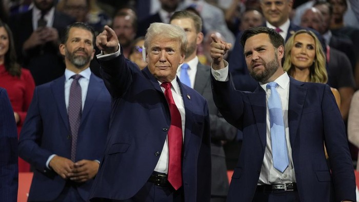 Republican presidential candidate former President Donald Trump appears with nice presidential candidate JD Vance, R-Ohio, during the Republican National Convention Monday, July 15, 2024, in Milwaukee. (AP Photo/Paul Sancya)
