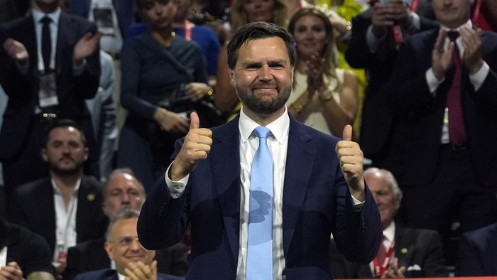 Republican vice presidential candidate Sen. JD Vance, R-Ohio, attends the first day of the Republican National Convention, Monday, July 15, 2024, in Milwaukee. (AP Photo/Evan Vucci)