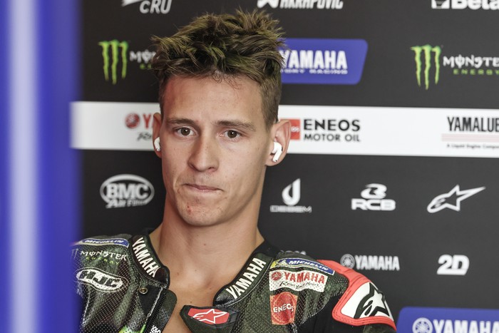 HOHENSTEIN-ERNSTTHAL, GERMANY - JULY 7: Fabio Quartararo of France and Monster Energy Yamaha MotoGP in the garage during the MotoGP of Germany at Sachsenring Circuit on July 7, 2024 in Hohenstein-Ernstthal, Germany. (Photo by Qian Jun/MB Media/Getty Images)