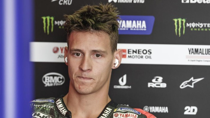 HOHENSTEIN-ERNSTTHAL, GERMANY - JULY 7: Fabio Quartararo of France and Monster Energy Yamaha MotoGP in the garage during the MotoGP of Germany at Sachsenring Circuit on July 7, 2024 in Hohenstein-Ernstthal, Germany. (Photo by Qian Jun/MB Media/Getty Images)