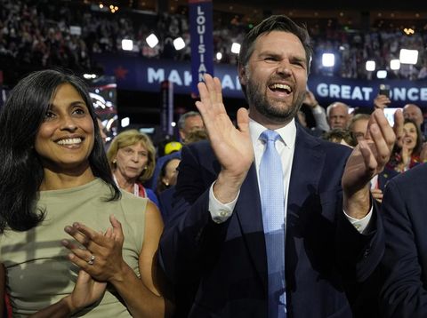 Republican vice presidential candidate Sen. JD Vance arrives with his wife Usha Chilukuri Vance at the Republican National Convention Monday, July 15, 2024, in Milwaukee. (AP/Carolyn Kaster/AP Photo/Paul Sancya)