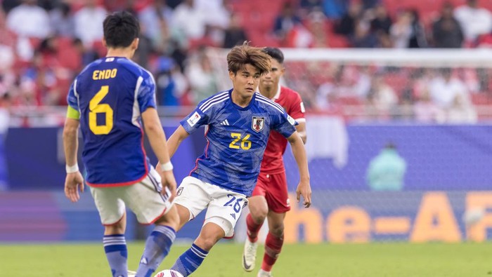 DOHA, QATAR - JANUARY 24: Kaishu Sano of Japan in action during the AFC Asian Cup Group D match between Japan and Indonesia at Al Thumama Stadium on January 24, 2024 in Doha, Qatar. (Photo by Playmaker/MB Media/Getty Images)