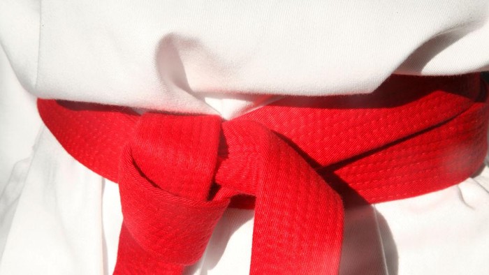 Close up of red belt karate costume tied around stomach. (Photo by: Geography Photos/Universal Images Group via Getty Images)